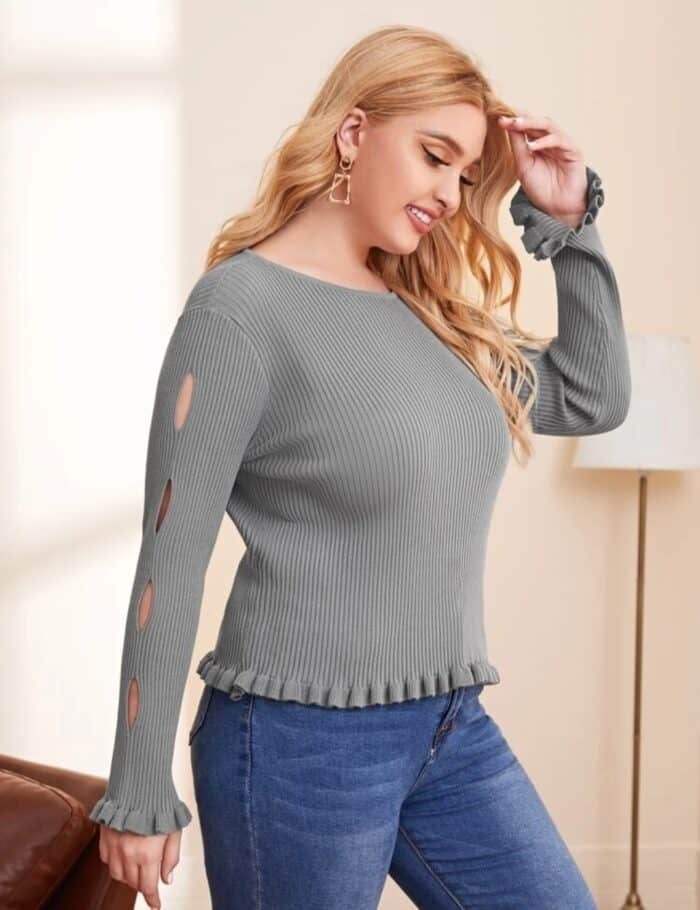 Plus Cut Out Ruffle Hem Solid Sweater