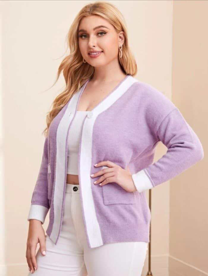 Plus Contrast Trim Dual Pocket Cardigan