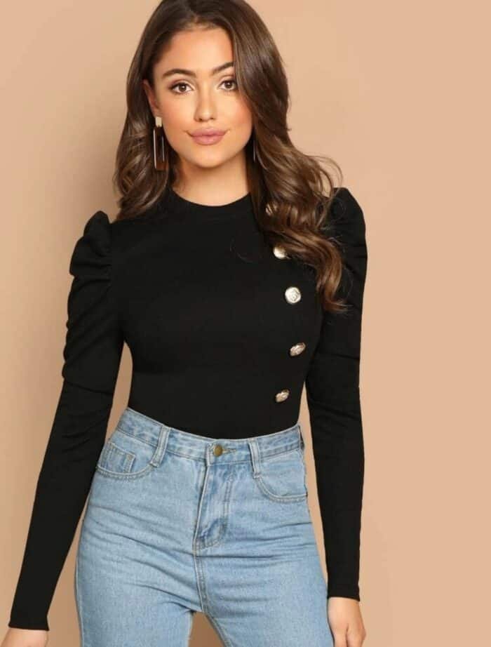 SHEIN Button Front Puff Sleeve Tee