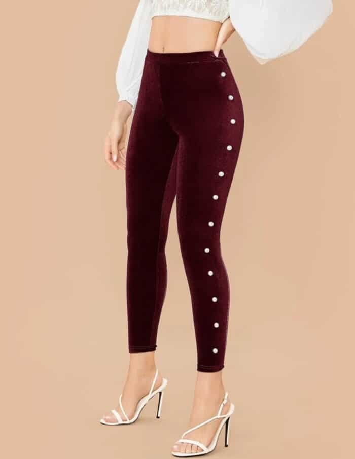 SHEIN Pearl Beaded Velvet Skinny Pants