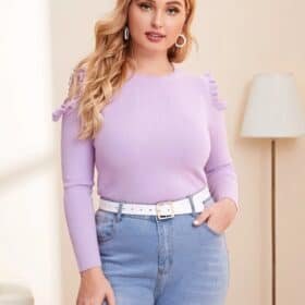 Plus Ruffle Trim Cold Shoulder Sweater