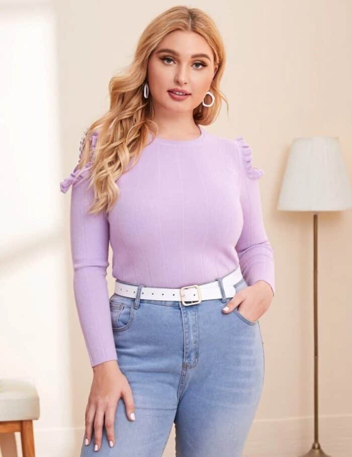 Plus Ruffle Trim Cold Shoulder Sweater