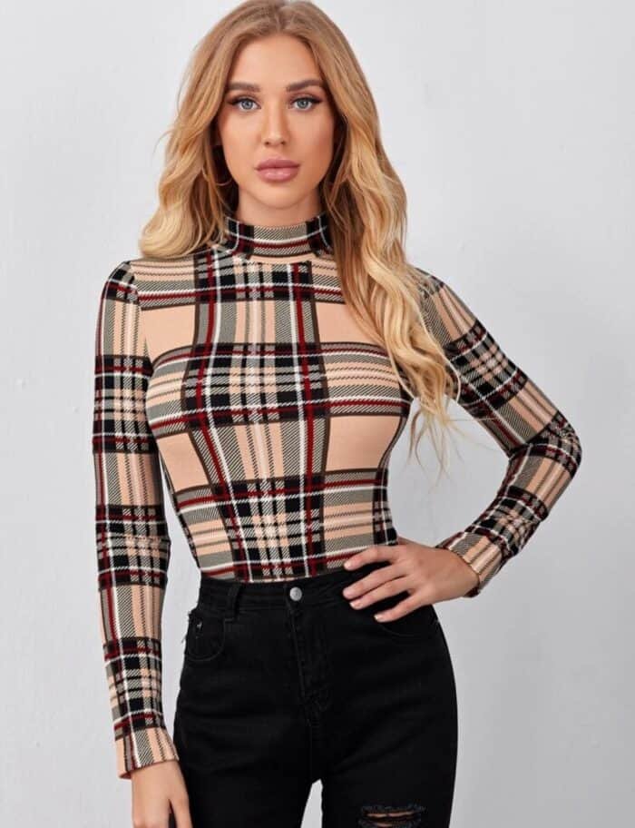 SHEIN Mock Neck Plaid Form Fitted Tee