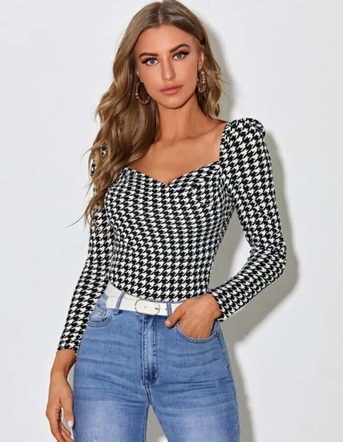 SHEIN Zipper Back Gigot Sleeve Houndstooth Print Top