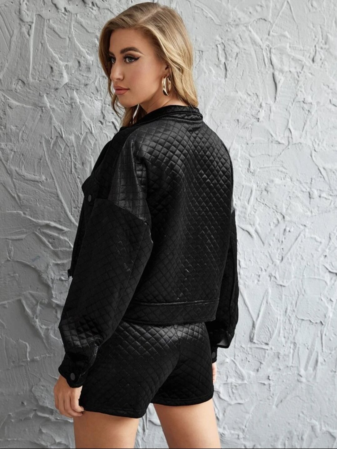 SHEIN Flap Pocket Front Quilted Jacket and Shorts Set - Image 3