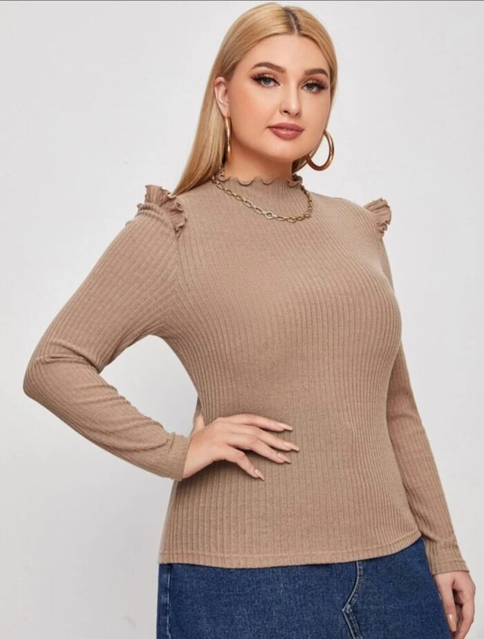 SHEIN Plus Ruffle Trim Rib-knit Tee