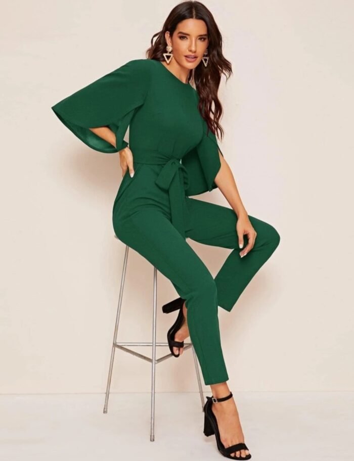 SHEIN Split Sleeve Solid Belted Jumpsuit