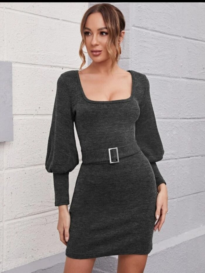 Bishop Sleeve Buckle Belted Bodycon Dress