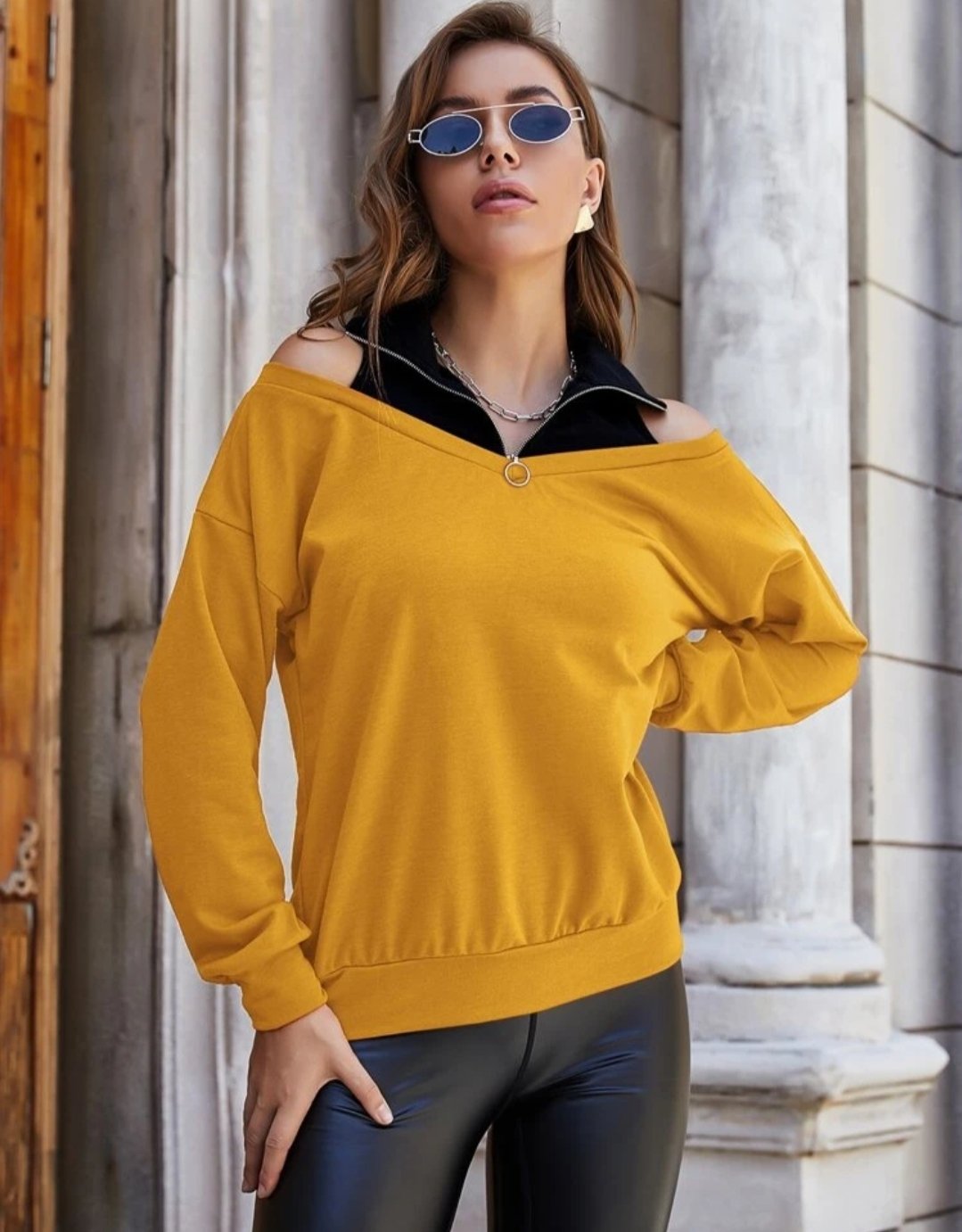 O-Ring Zipper Cold Shoulder Sweatshirt