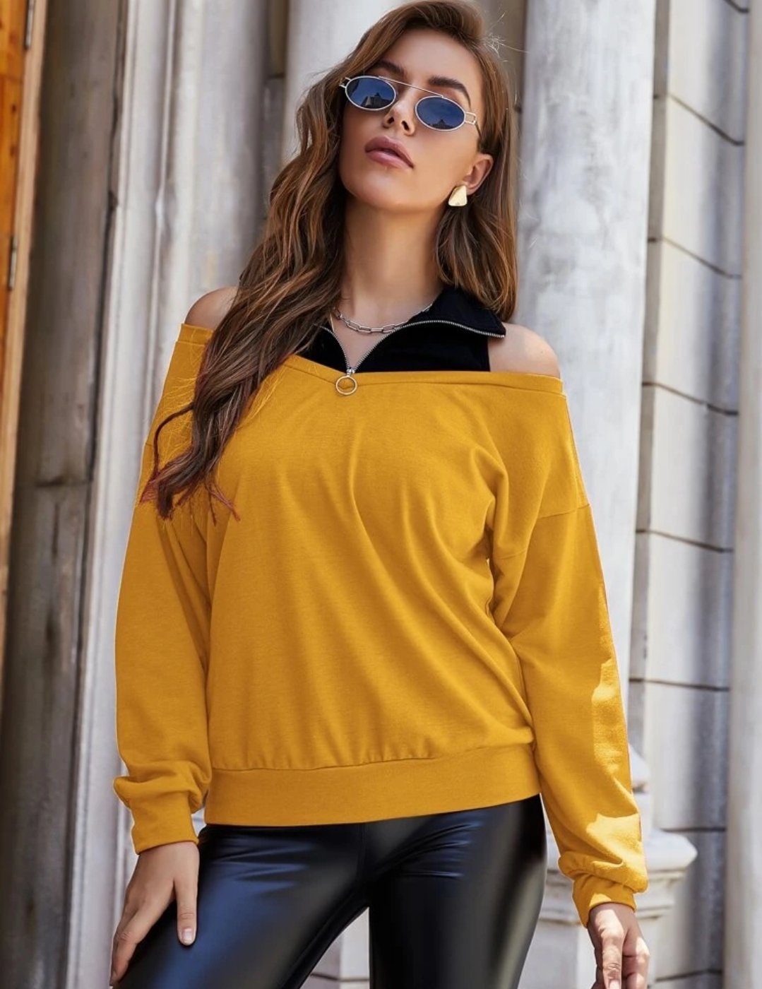 O-Ring Zipper Cold Shoulder Sweatshirt - Image 5