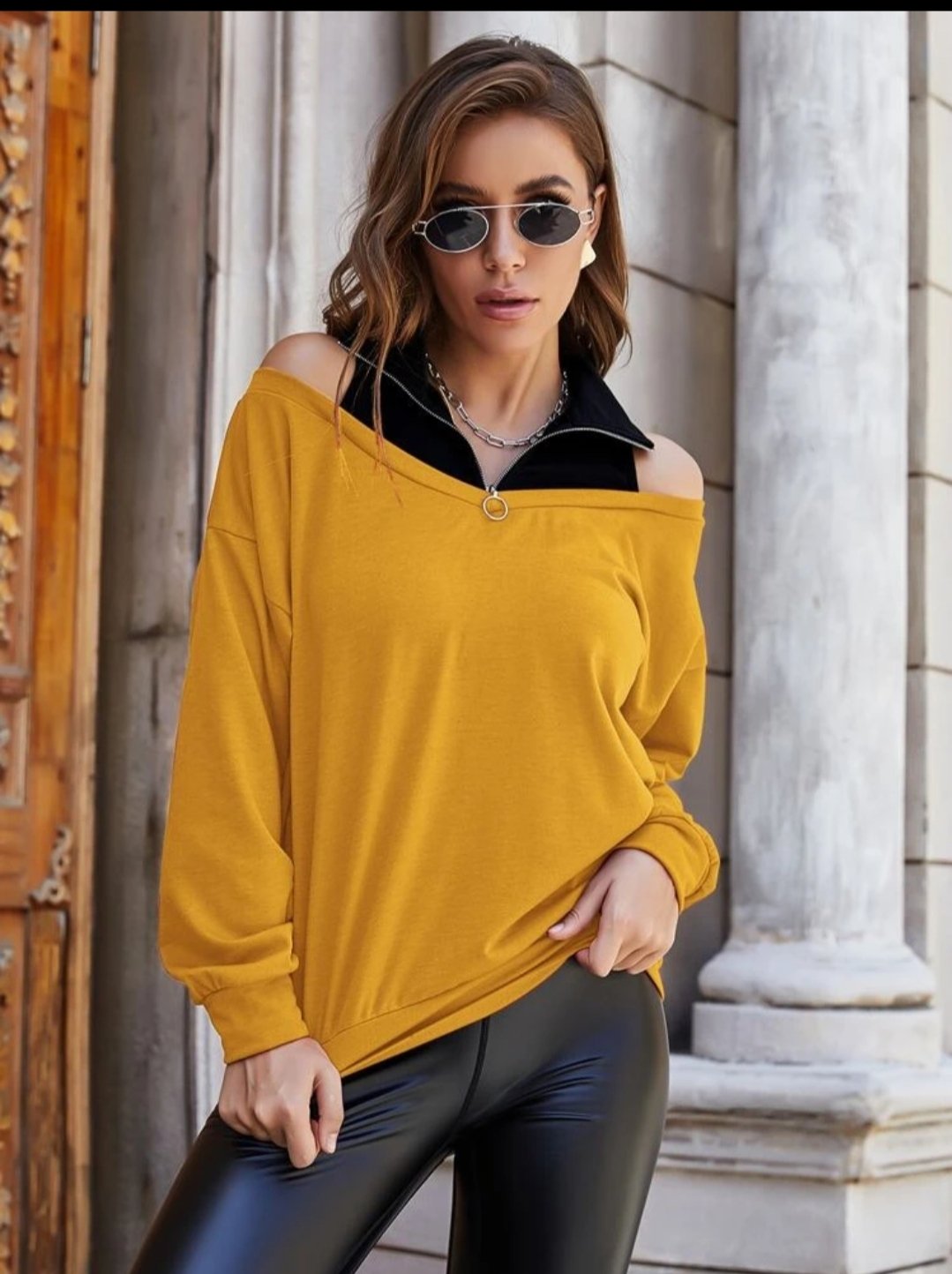 O-Ring Zipper Cold Shoulder Sweatshirt - Image 2