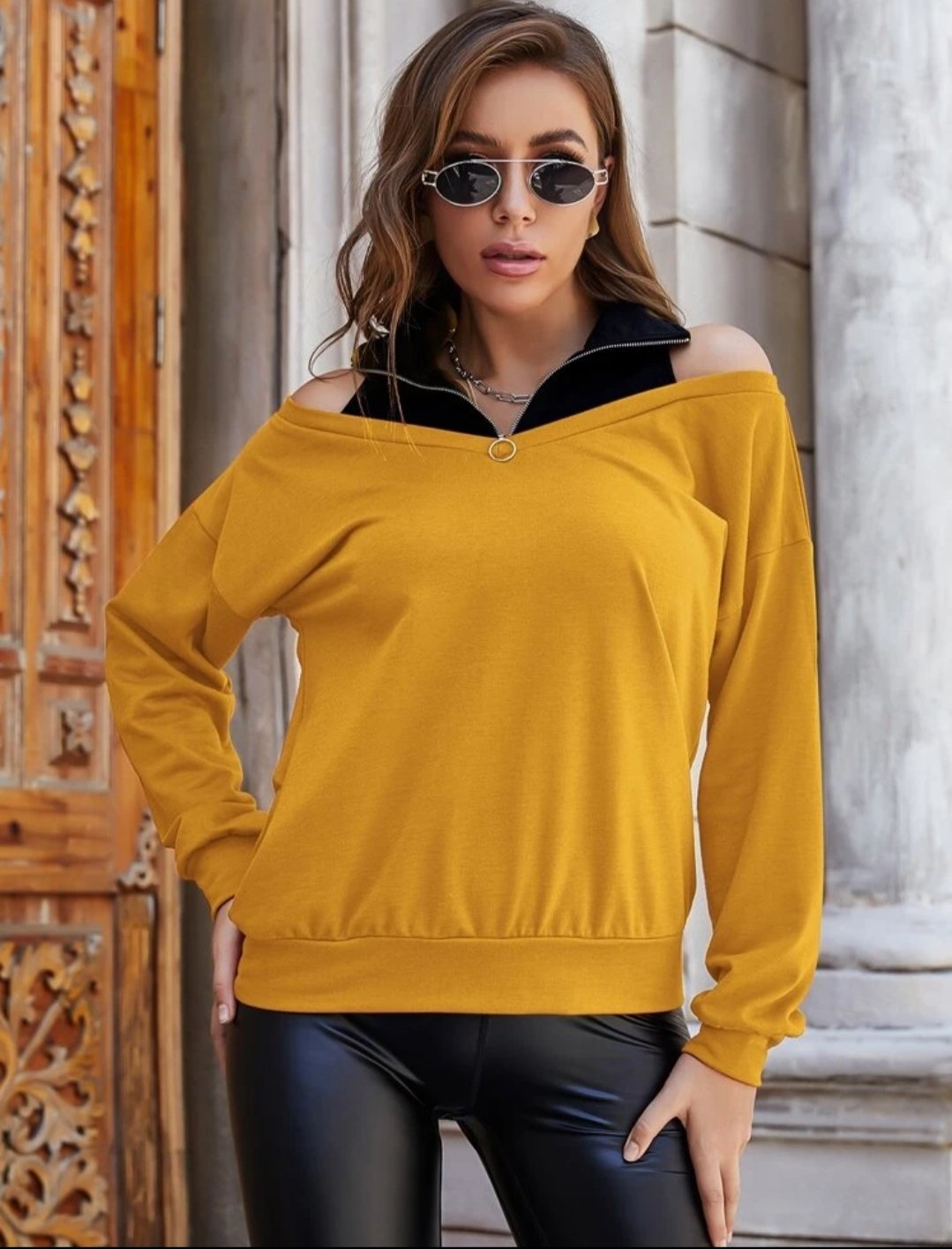 O-Ring Zipper Cold Shoulder Sweatshirt - Image 3