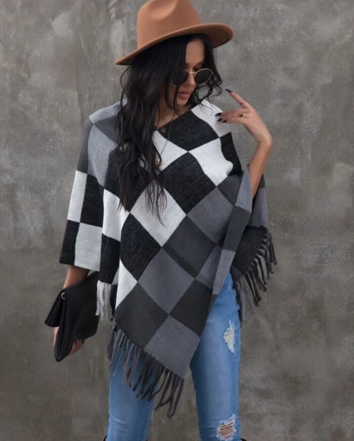 Argyle Pattern Fringe Hem Poncho Sweater