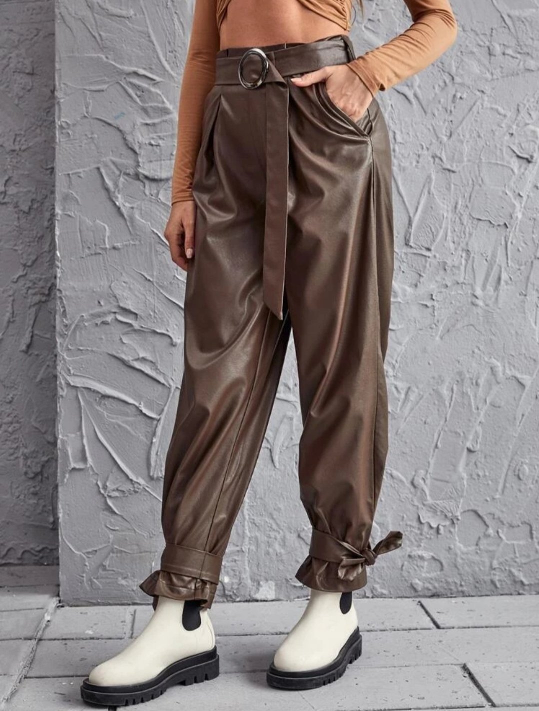 Womens Pants Knot Waist PU Leather Pants : : Clothing, Shoes &  Accessories