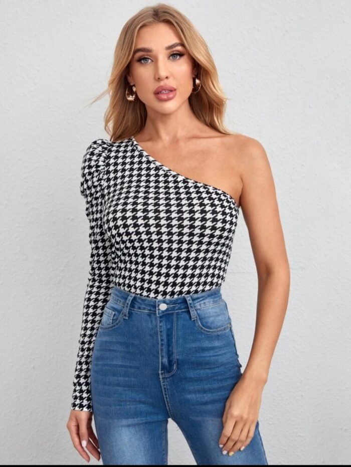 SHEIN One Shoulder Puff Sleeve Houndstooth Print Tee