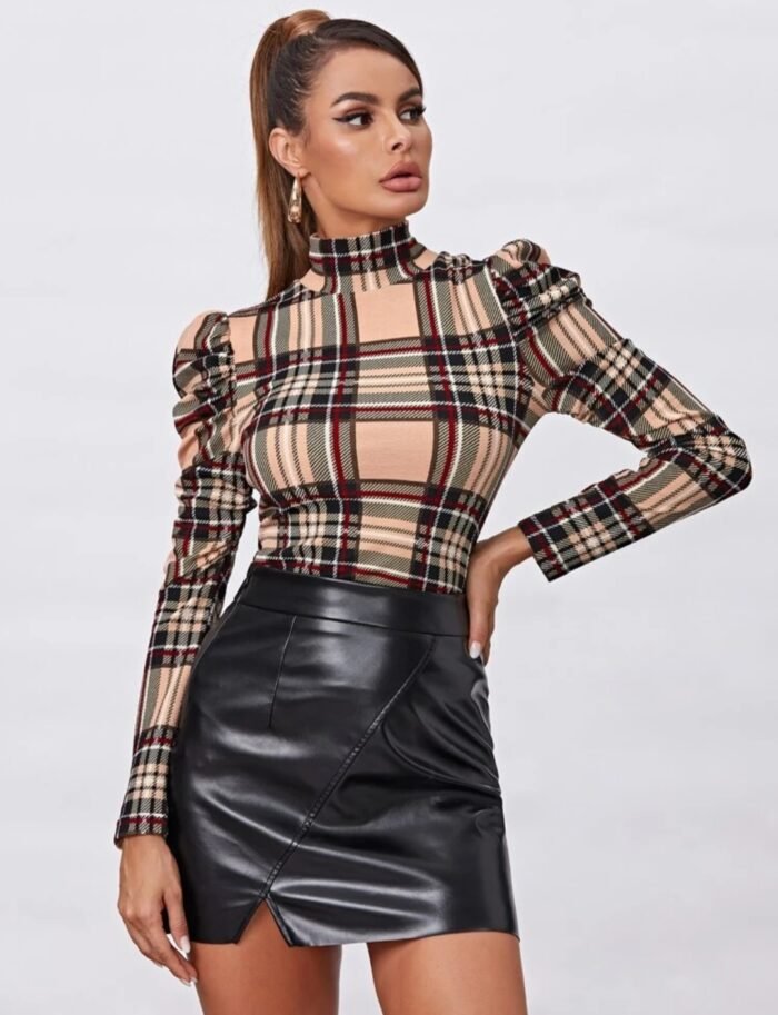 SHEIN Mock Neck Gigot Sleeve Plaid Tee