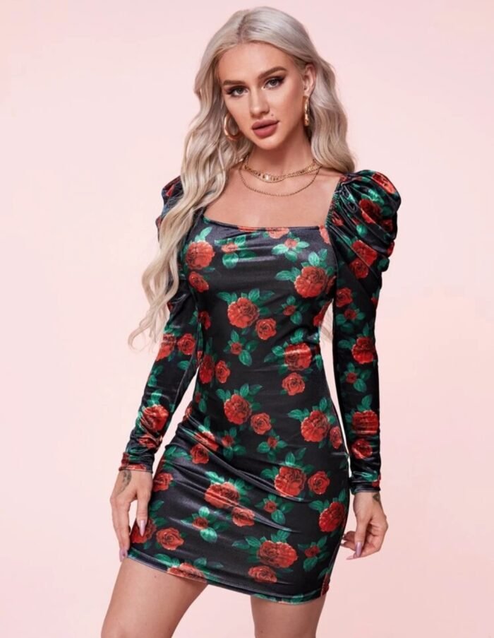 SHEIN Gigot Sleeve Floral Print Velvet Bodycon Dress