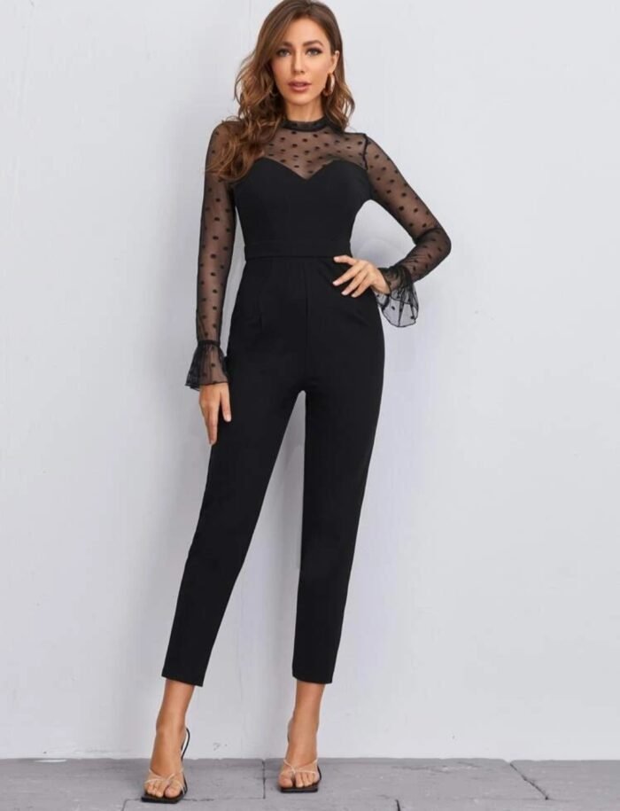 SHEIN Flounce Sleeve Dobby Mesh Insert York Jumpsuit