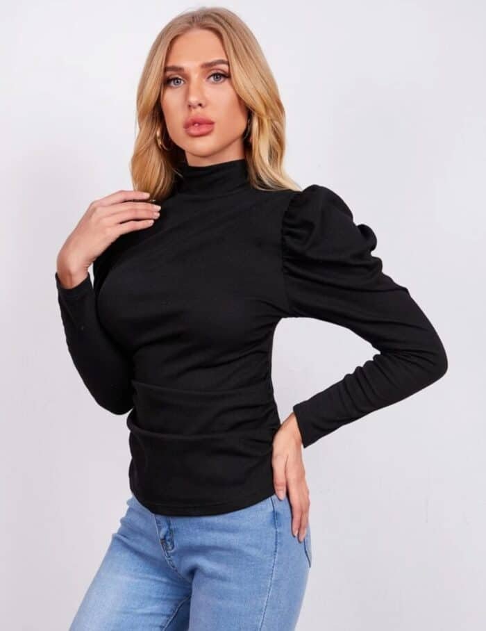 SHEIN Mock-neck Gigot Sleeve Ruched Top