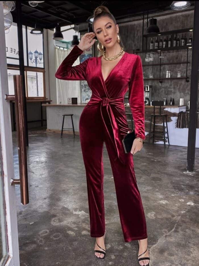 Solid Surplice Front Belted Velvet Jumpsuit