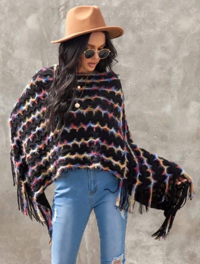 Fringe Trim Asymmetrical Hem Sweater Poncho