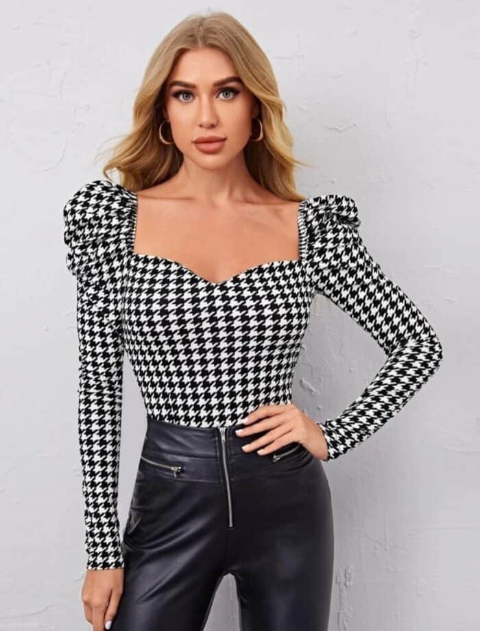 SHEIN Sweetheart Neck Gigot Sleeve Houndstooth Top