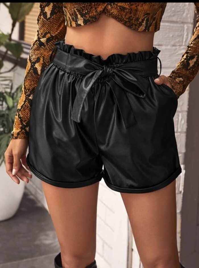 SHEIN Paperbag Waist Belted PU Leather Shorts