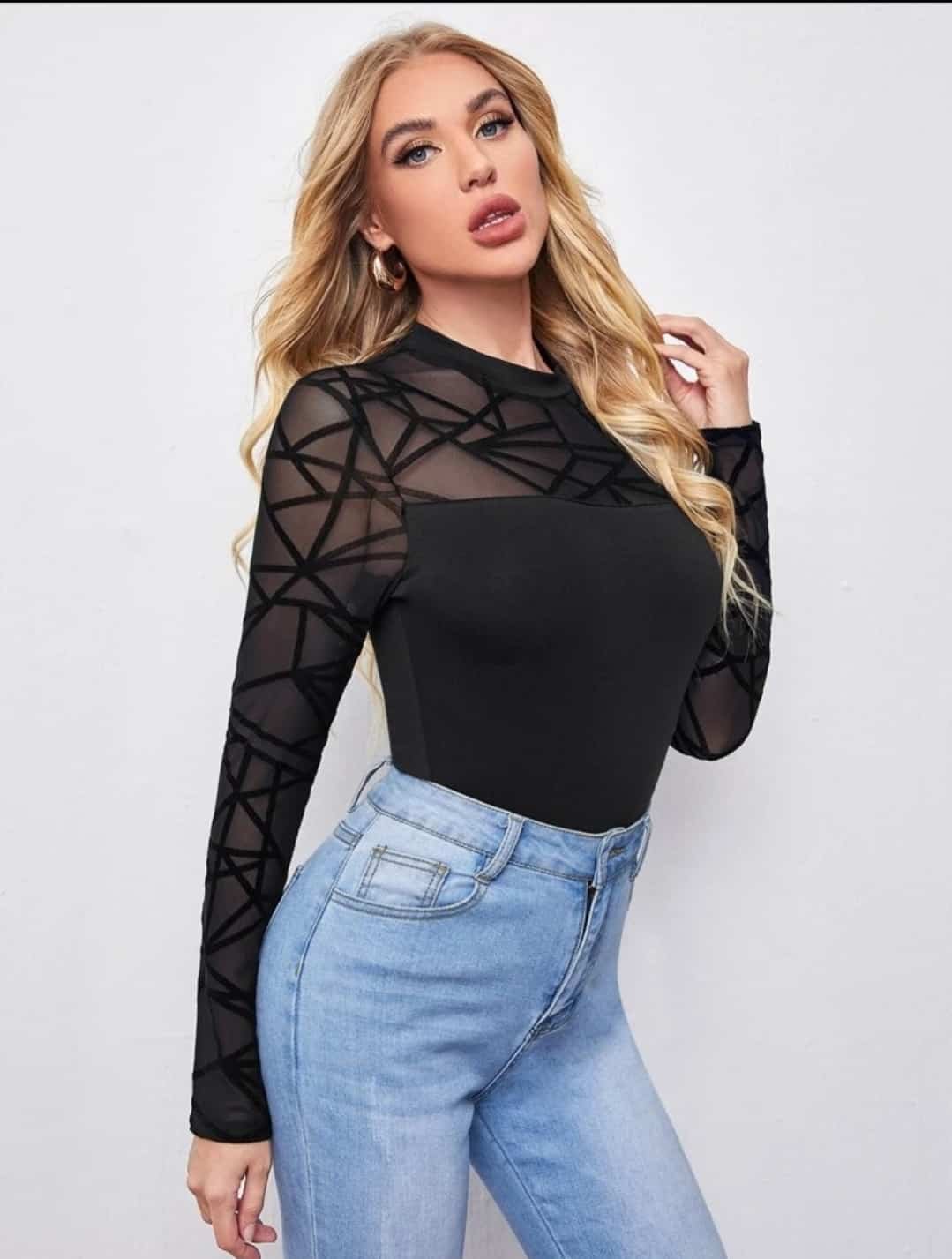 SHEIN Plus Mesh Yoke & Sleeve Bodysuit - Pink Shop