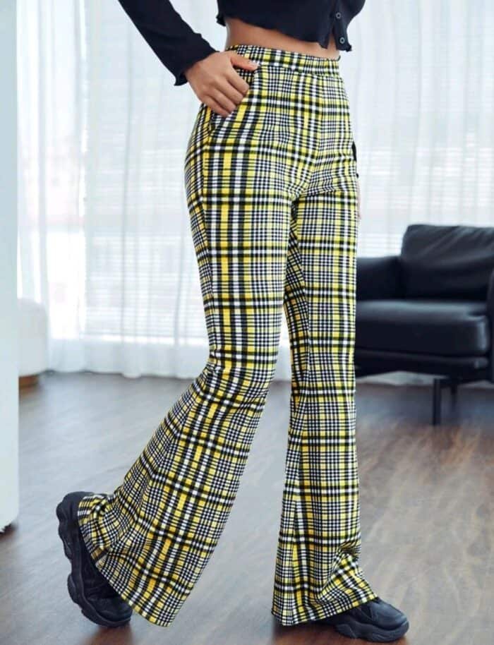 SHEIN Slant Pocket Plaid Flare Leg Pants