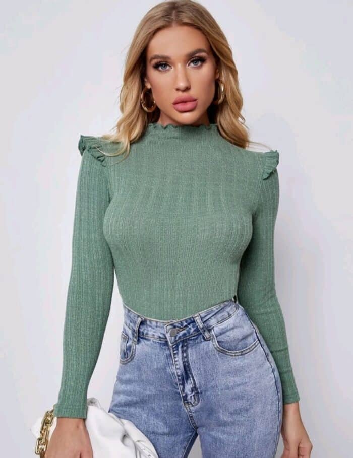 SHEIN Mock Neck Ruffle Trim Form Fitted Top
