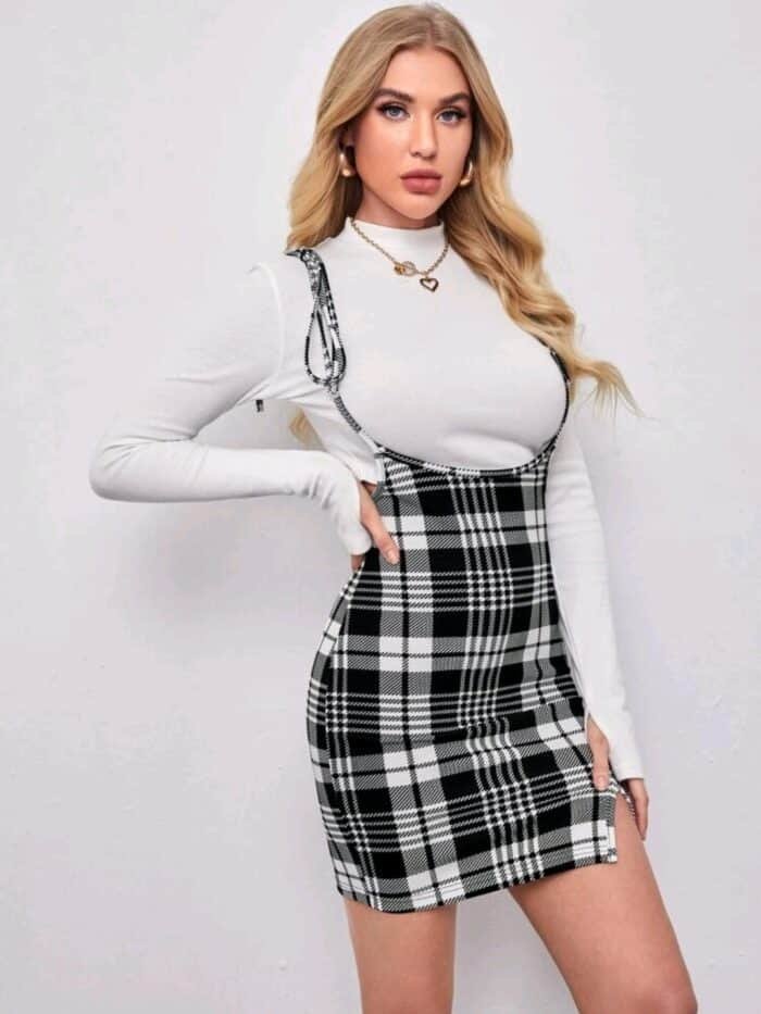 SHEIN Tie Shoulder Split Hem Tartan Suspender Dress