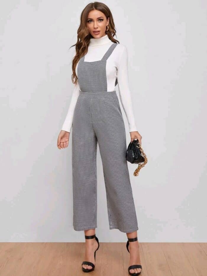 Houndstooth Print Pocket Side Pinafore Jumpsuit
