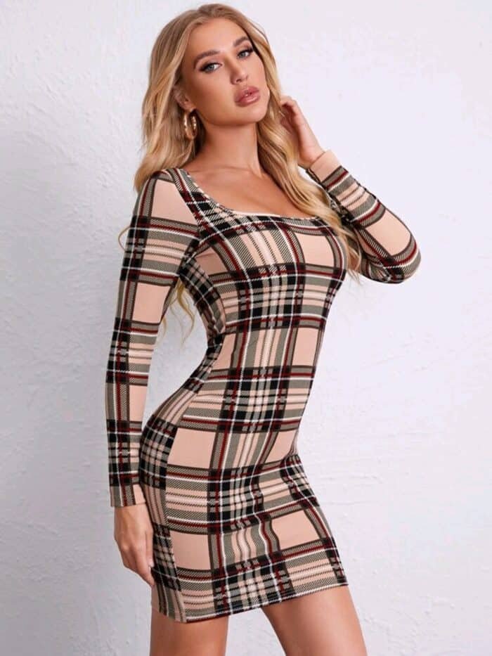 SHEIN Square Neck Fitted Plaid Dress