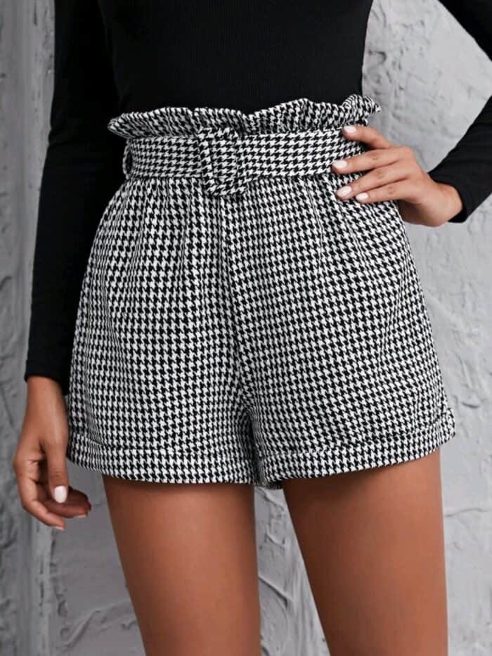 SHEIN Paperbag Waist Houndstooth Cuffed Shorts