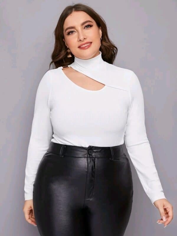 SHEIN Plus Size Black Mock Neck Lace Lantern Sleeve Fitted Top Women Autumn Solid Elegant Office 