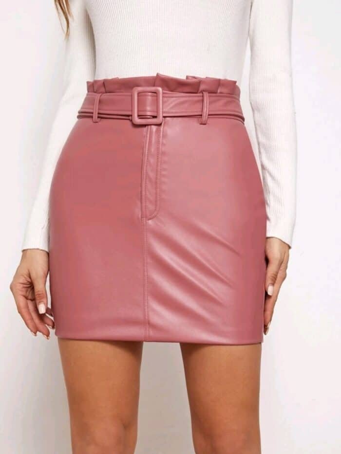 SHEIN Paperbag Waist Self Buckle Belted Leather Look Skirt