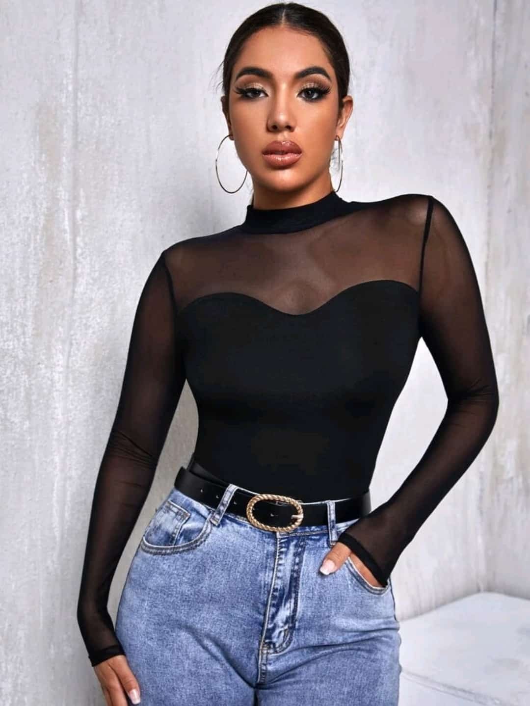 SHEIN Mesh Yoke Solid Tee