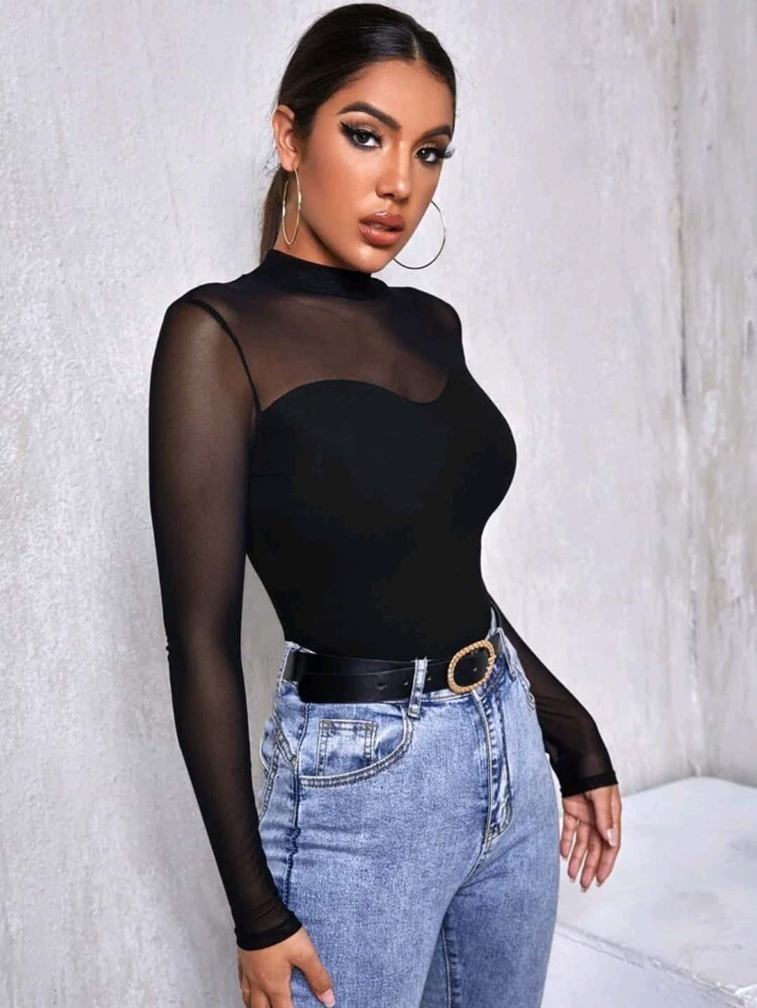 SHEIN Mesh Yoke Solid Tee - Image 4