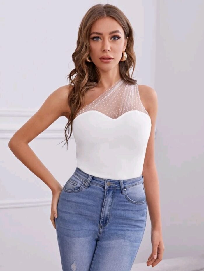 SHEIN One Shoulder Dot Flocked Mesh Yoke Top