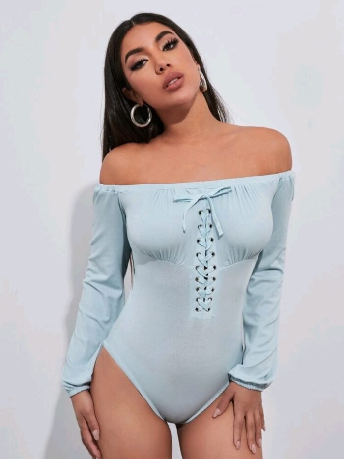 Off Shoulder Lace Up Solid Bodysuit