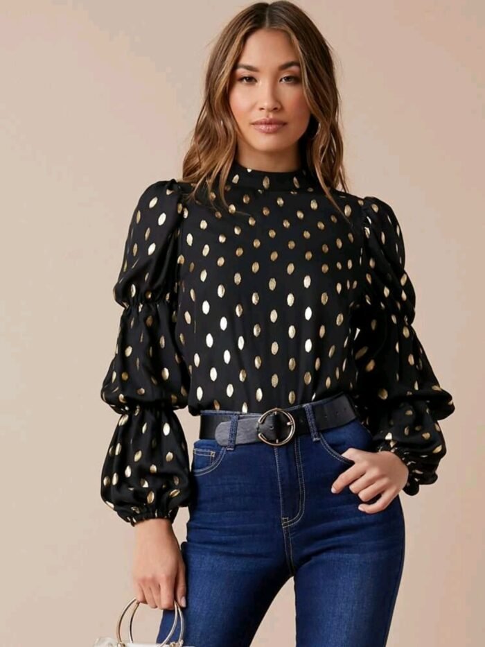 SHEIN Mock Neck Gathered Sleeve Allover Print Top