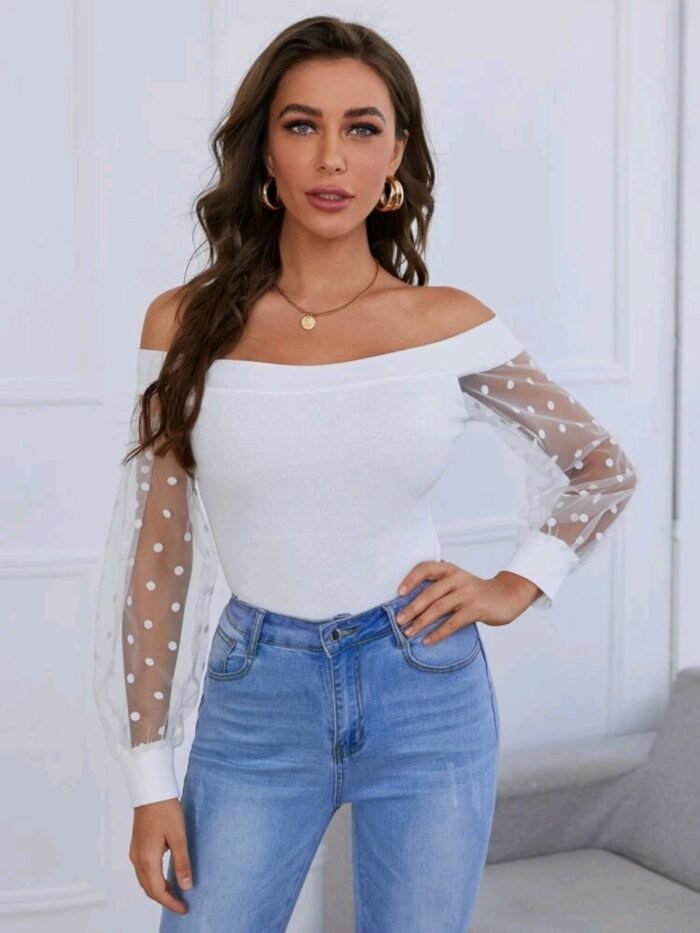 SHEIN Foldover Off Shoulder Sheer Dobby Mesh Sleeve Top