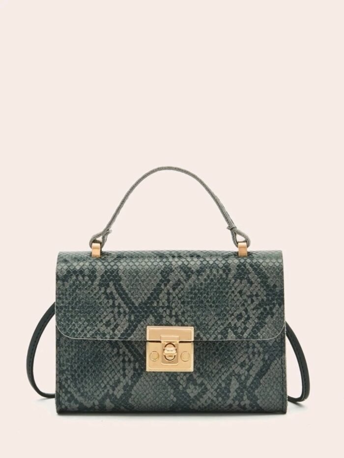 Snakeskin Print Flap Satchel Bag