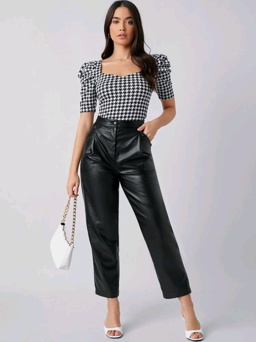 SHEIN Puff Sleeve Houndstooth Print Form Fitted Tee - Image 3