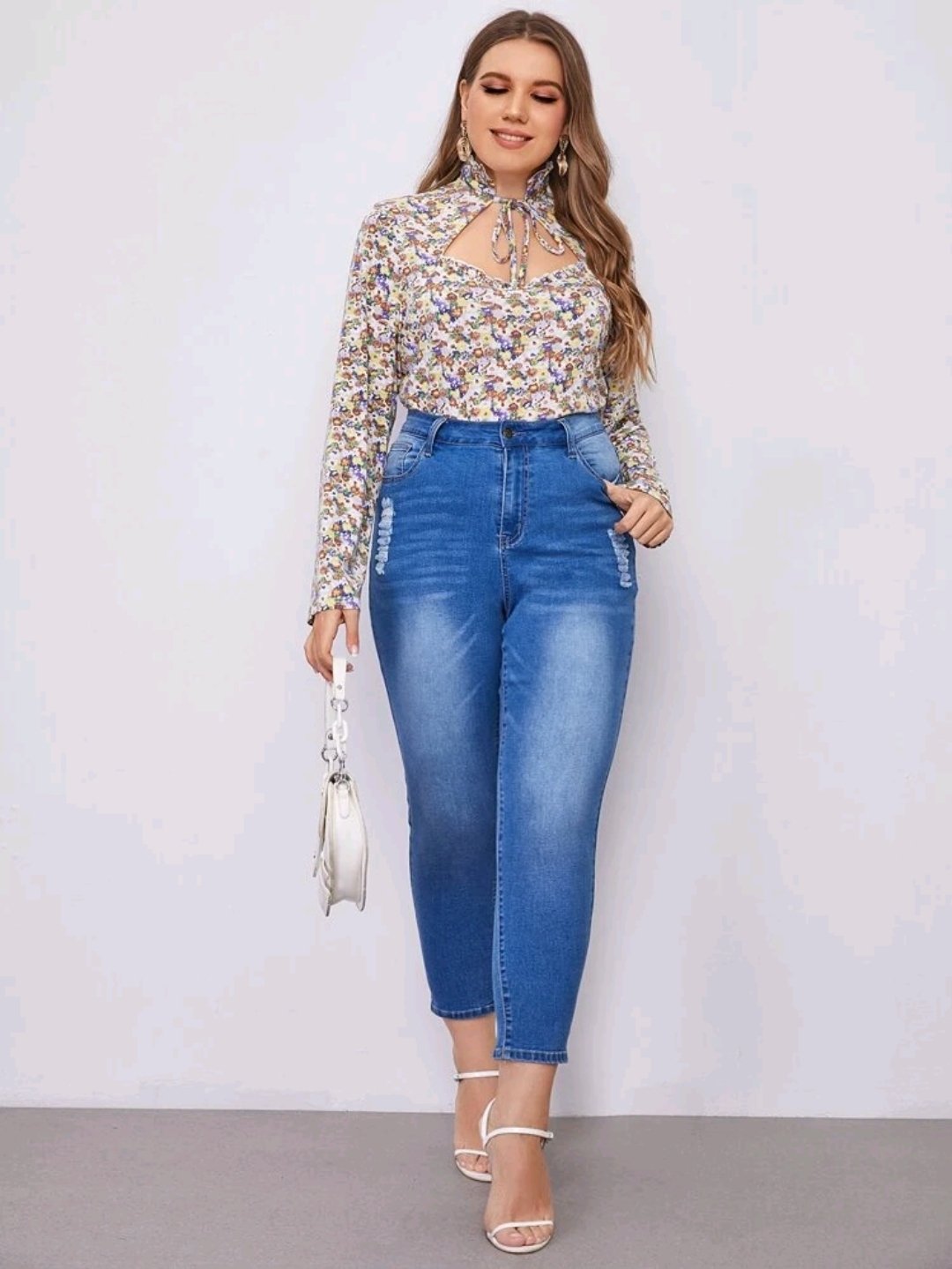 Plus Ditsy Floral Sweetheart Cut Out Tie Neck Frill Trim Top - Image 2