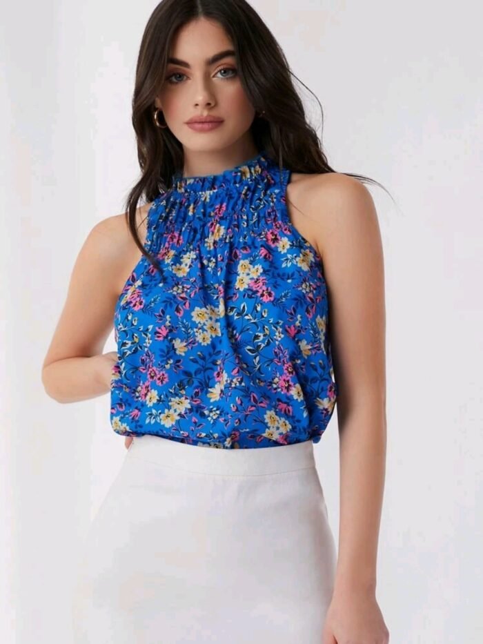 SHEIN Frill Mock Neck Ruched Detail Floral Top