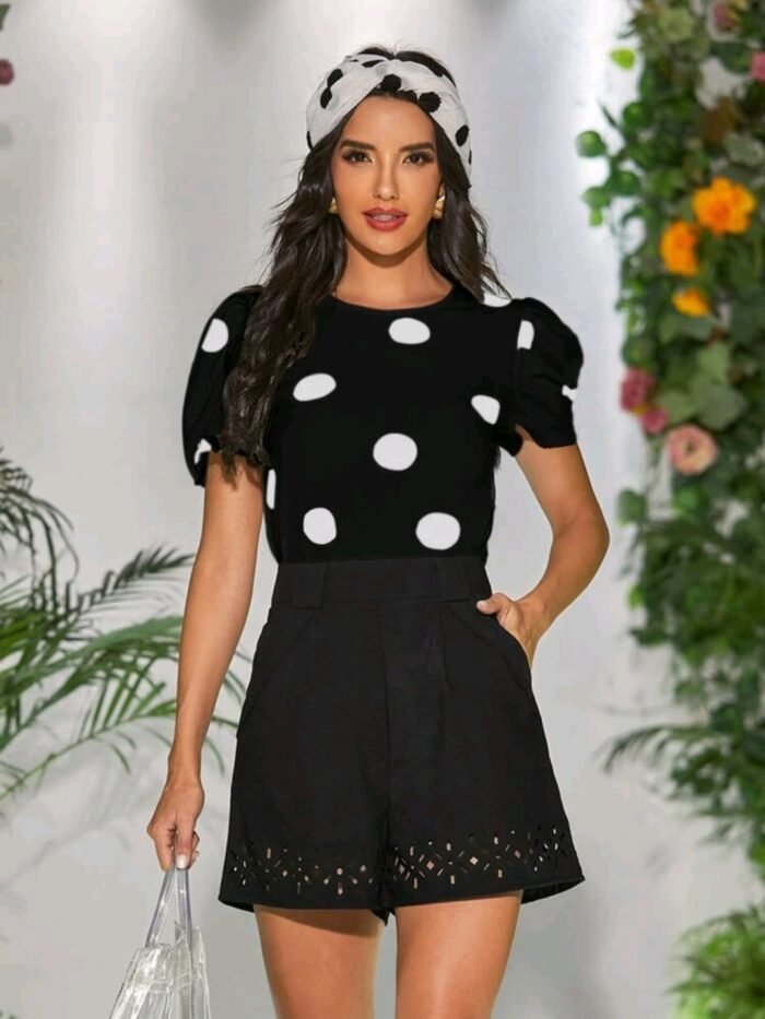 Keyhole Back Puff Sleeve Polka Dot Top