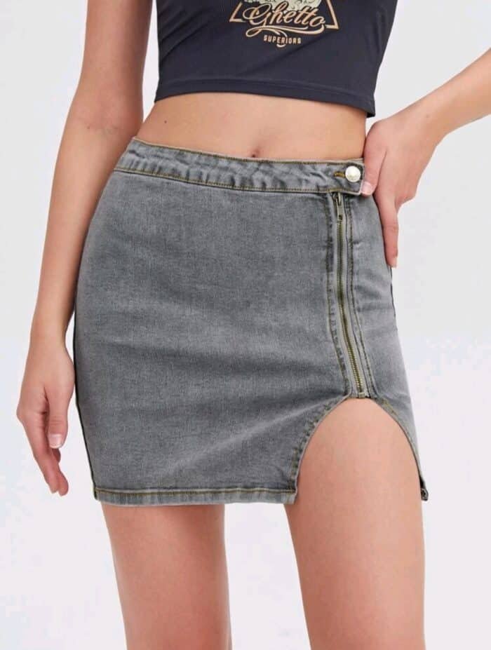 Zip Fly Slit Hem Denim Skirt
