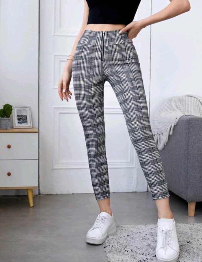 Plaid & Houndstooth Print Zipper Leggings