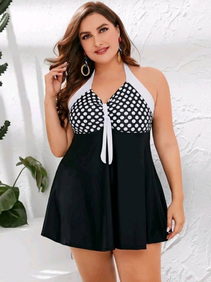Plus Contrast Polka Dot Halter One Piece Swimsuit